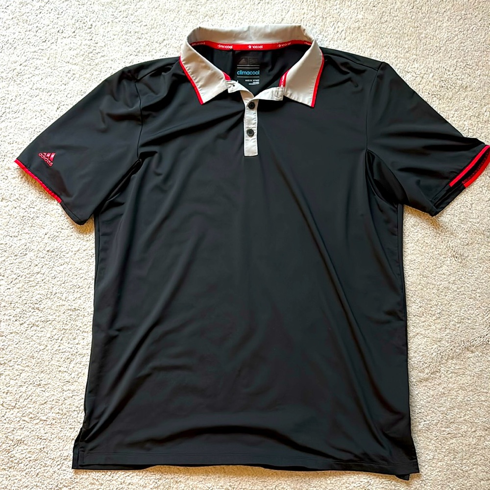Adidas Climacool polo. Black with grey and red accents. Size L. EUC.
